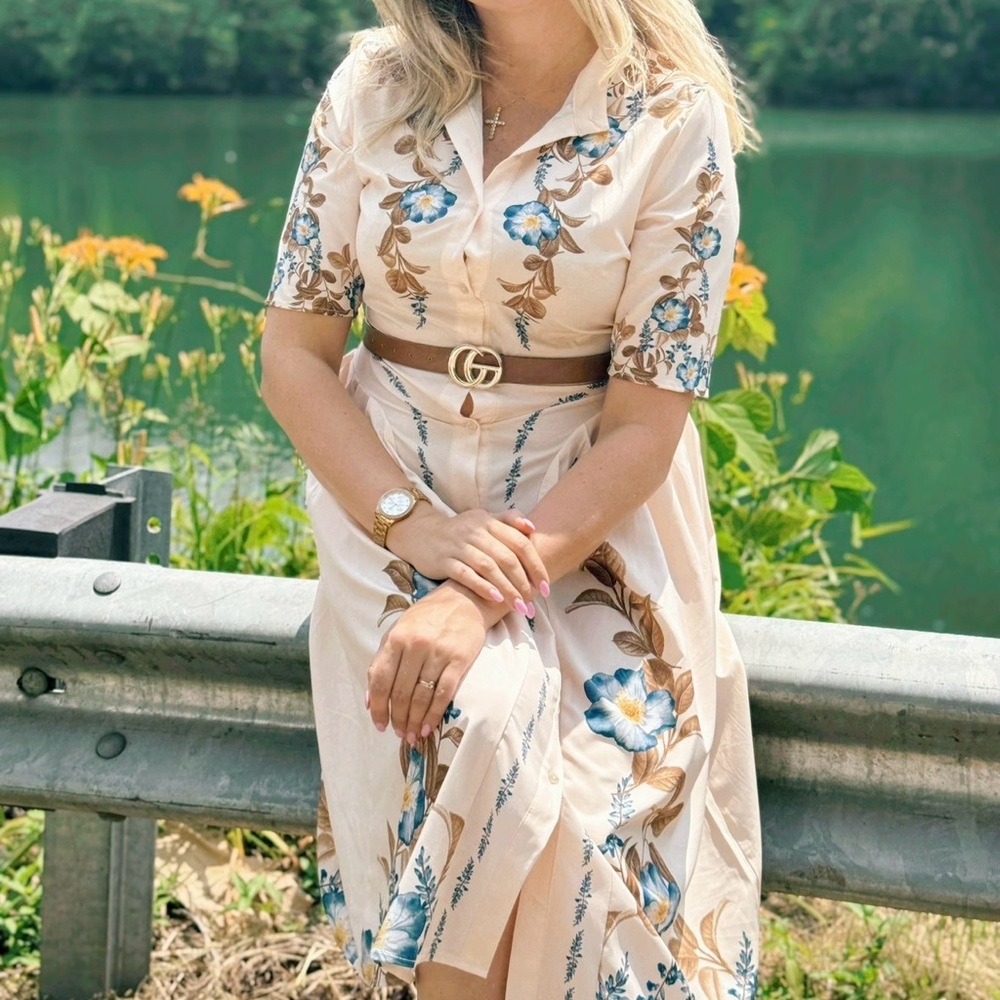 Light Pink Floral Midi Dress with Blue Accents